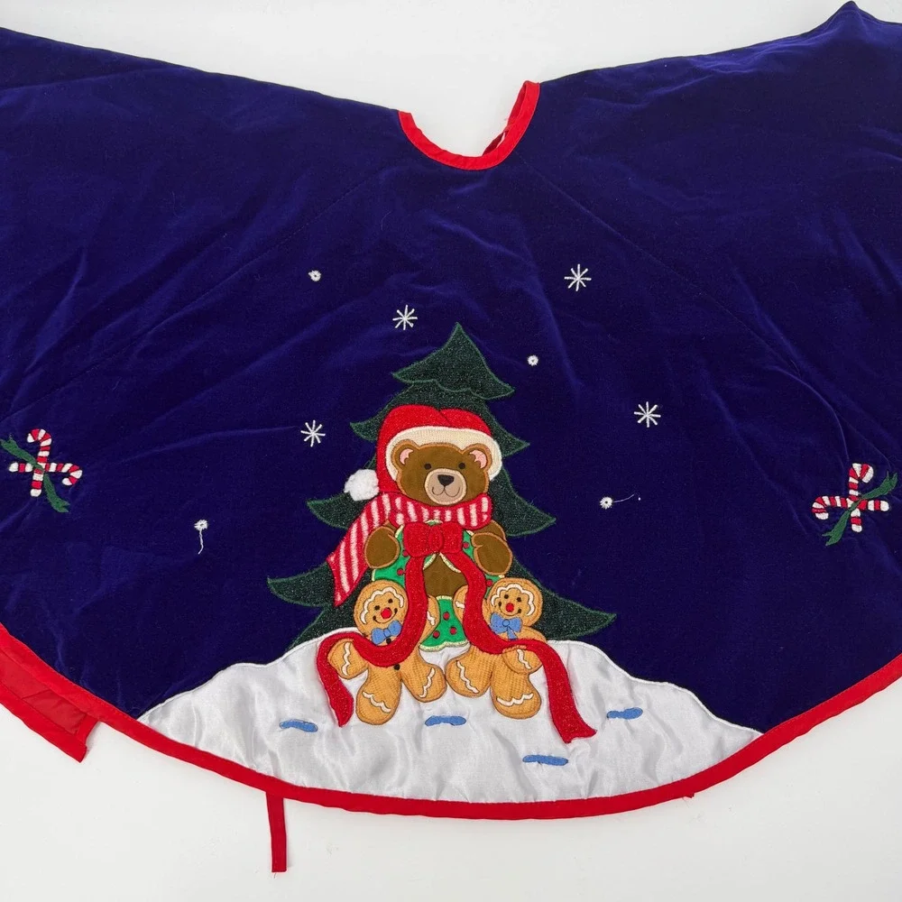 Vintage Blue Velvet Christmas Tree Skirt Teddy Bear Gingerbread 48 Inch